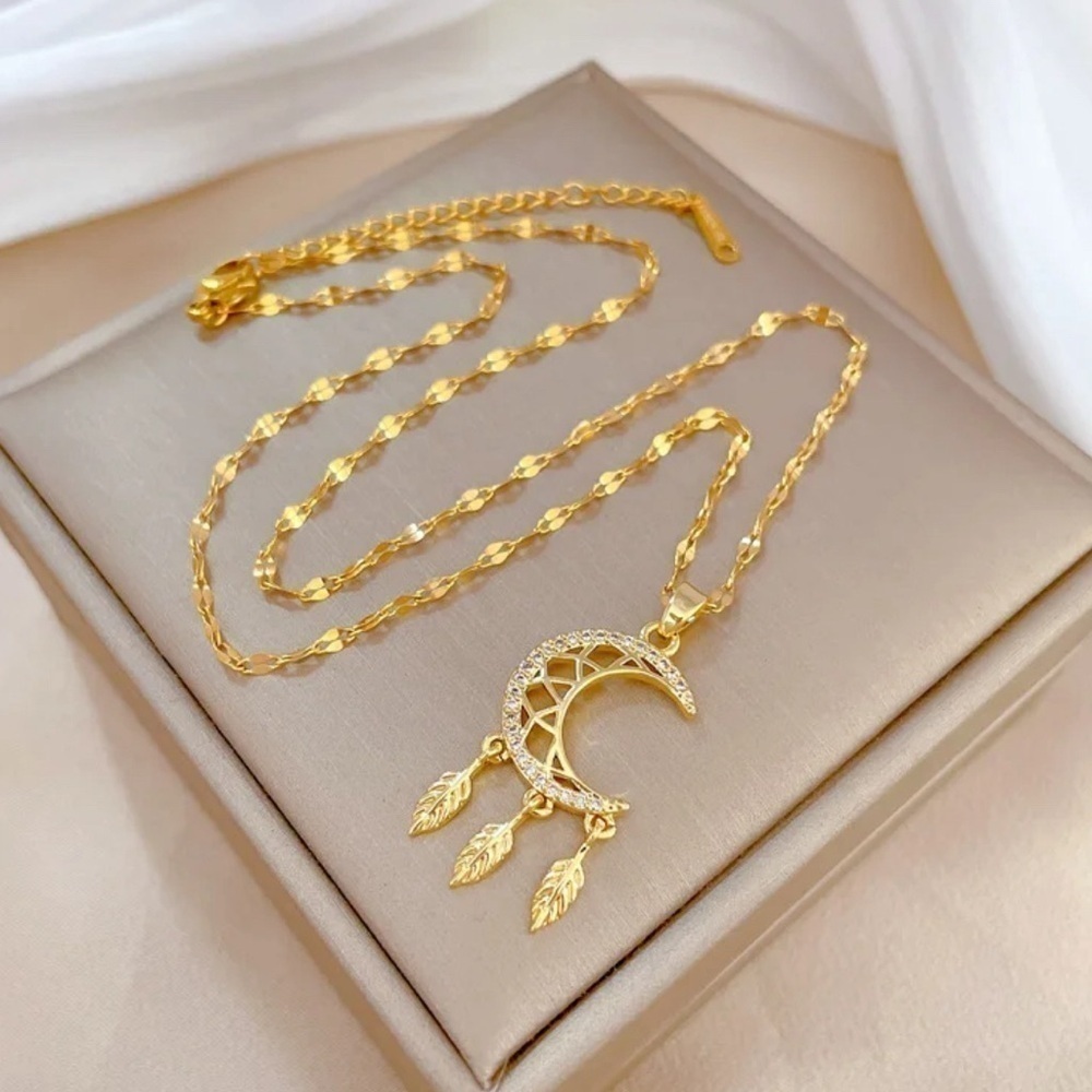 18K Gold Lunar Moon Dream Catcher With Feathers and Diamond Accents